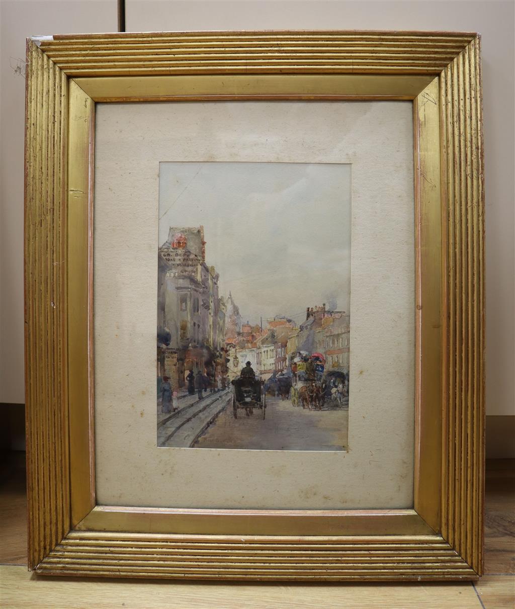 Rose Barton, watercolour, Street scene with horse drawn carriages, signed, 24 x 16cm.